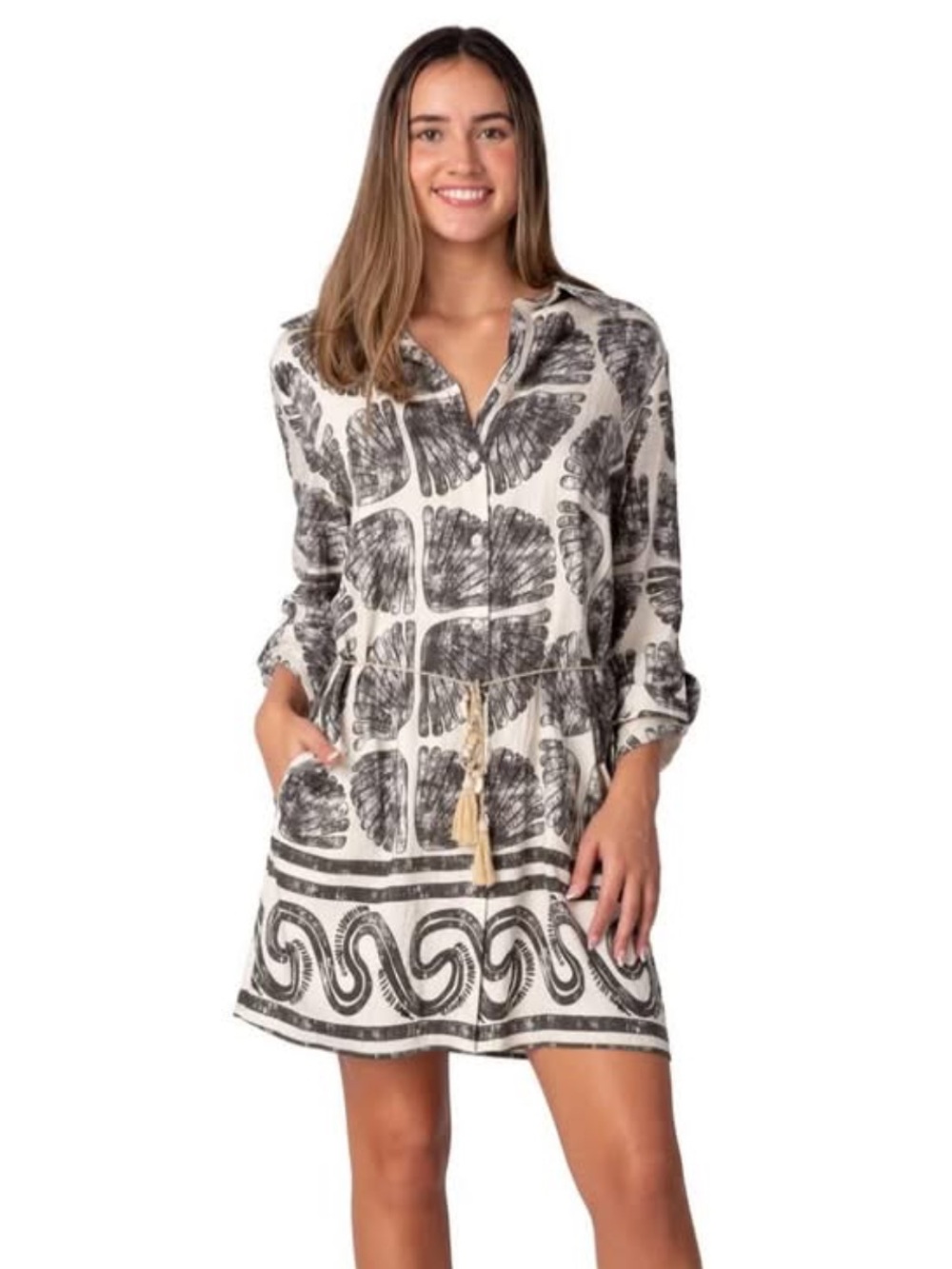 Paradise Tropical Button-Front Long-sleeve Dress in Sage